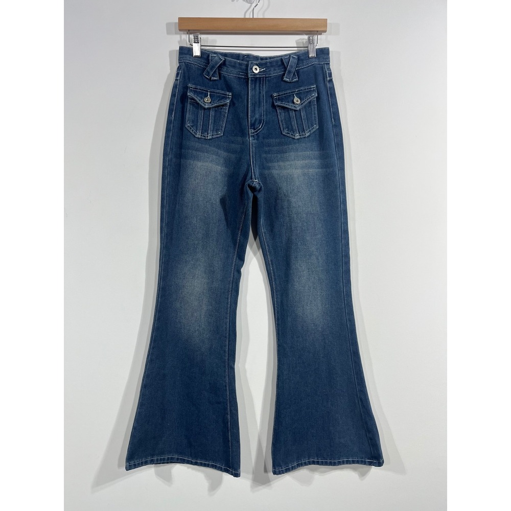 Vintage Women 70s Flare Jeans High Rise Cargo Patch Pocket Small Bell Bottoms
